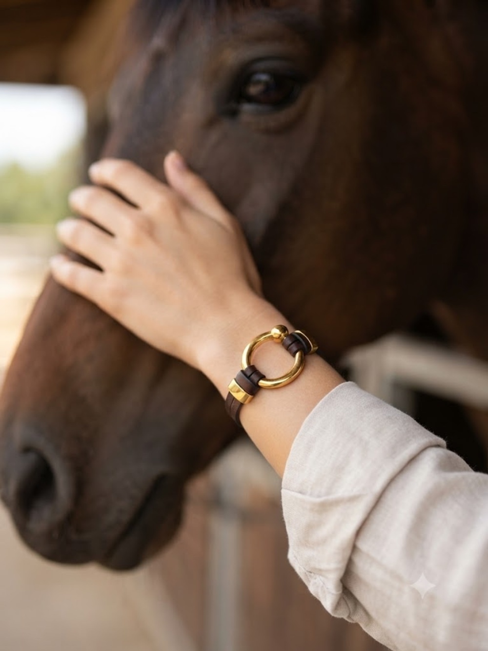 Classic Equestrian Brown Leather Bracelet with Gold Tone Bit Accent